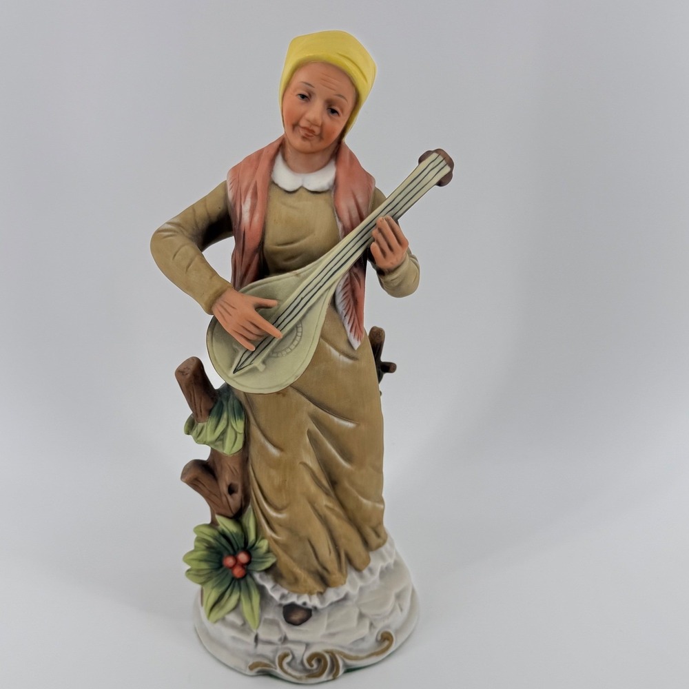 Vintage Old-World Woman Musician Playing the Mandolin Porcelain Figurine 9 inch